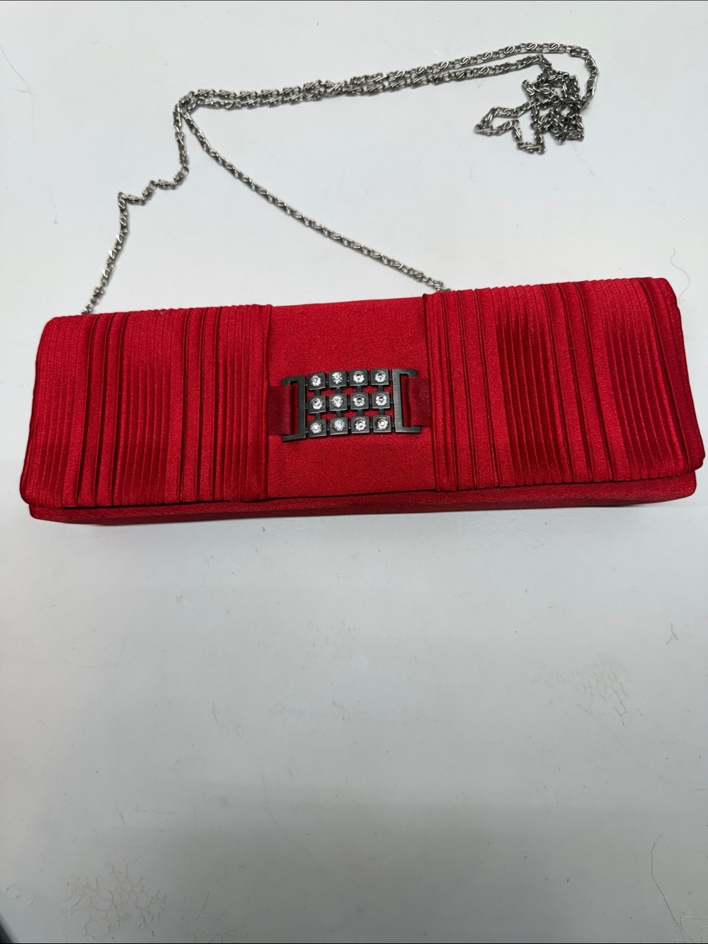Bijoux Terner Red Pleated Satin Evening Clutch with Rhinestone Clasp